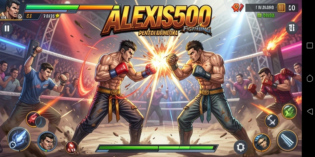 Screenshot utama menunjukkan aksi pertarungan seru dalam ALEXIS500.