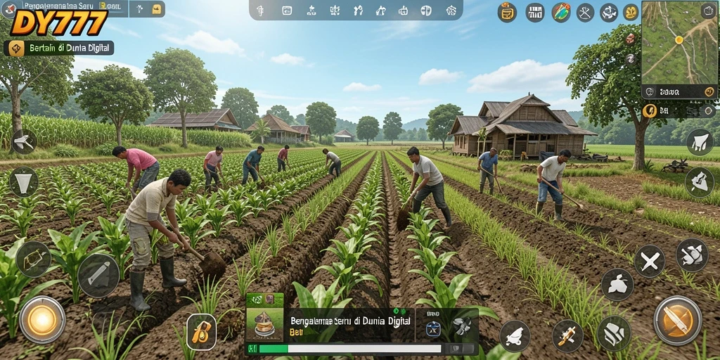 Tampilan gameplay DY777 menunjukkan lahan pertanian yang subur dan tanaman yang sedang tumbuh.