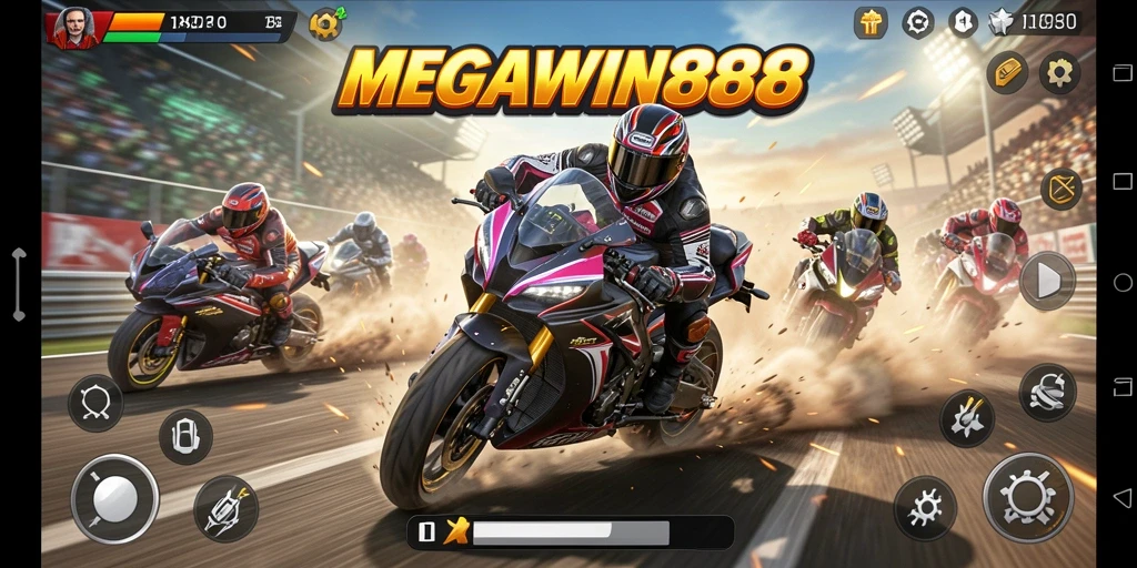 Tampilan gameplay balapan motor yang mendebarkan di MEGAWIN888.