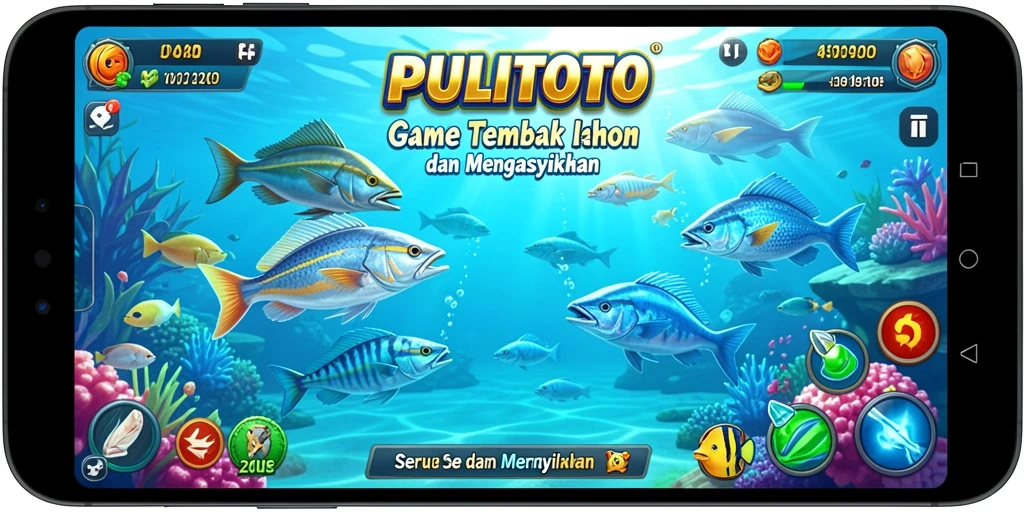 Screenshot utama PULITOTO menampilkan aksi menembak ikan yang seru.