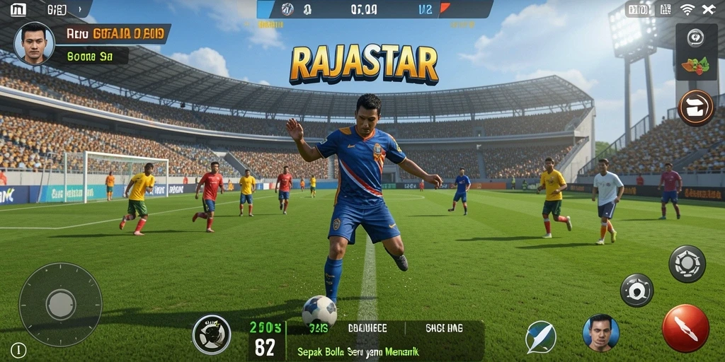 Screenshot utama menampilkan aksi seru di lapangan sepak bola RAJASTAR.