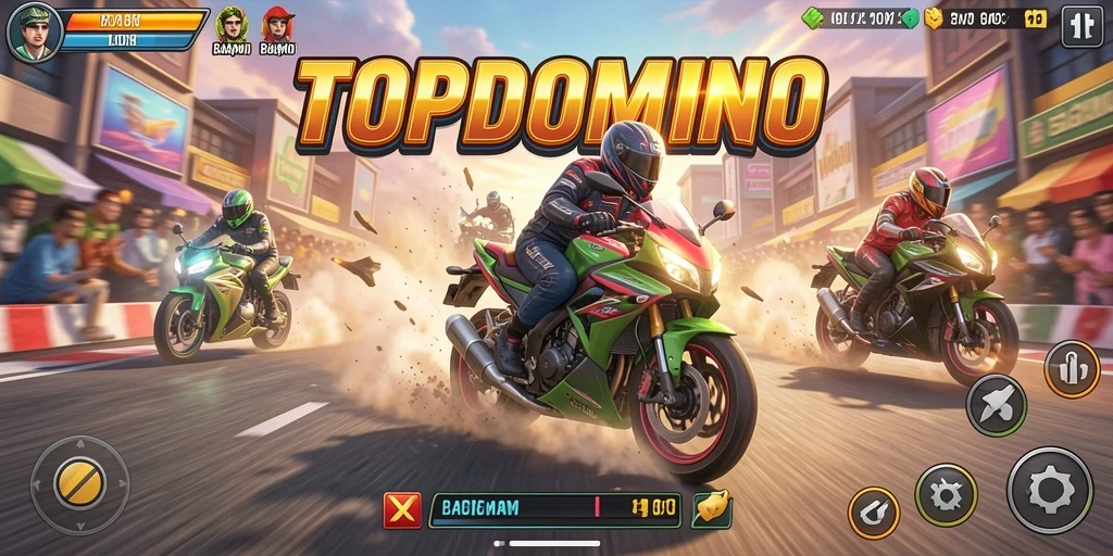 Screenshot gameplay TOPDOMINO menampilkan balapan motor yang seru dan menegangkan.